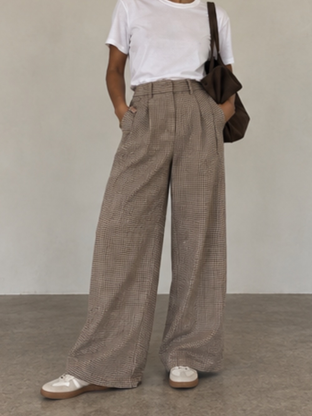 Nine West Taupe Houndstooth Wide-Leg High-Waist Pants